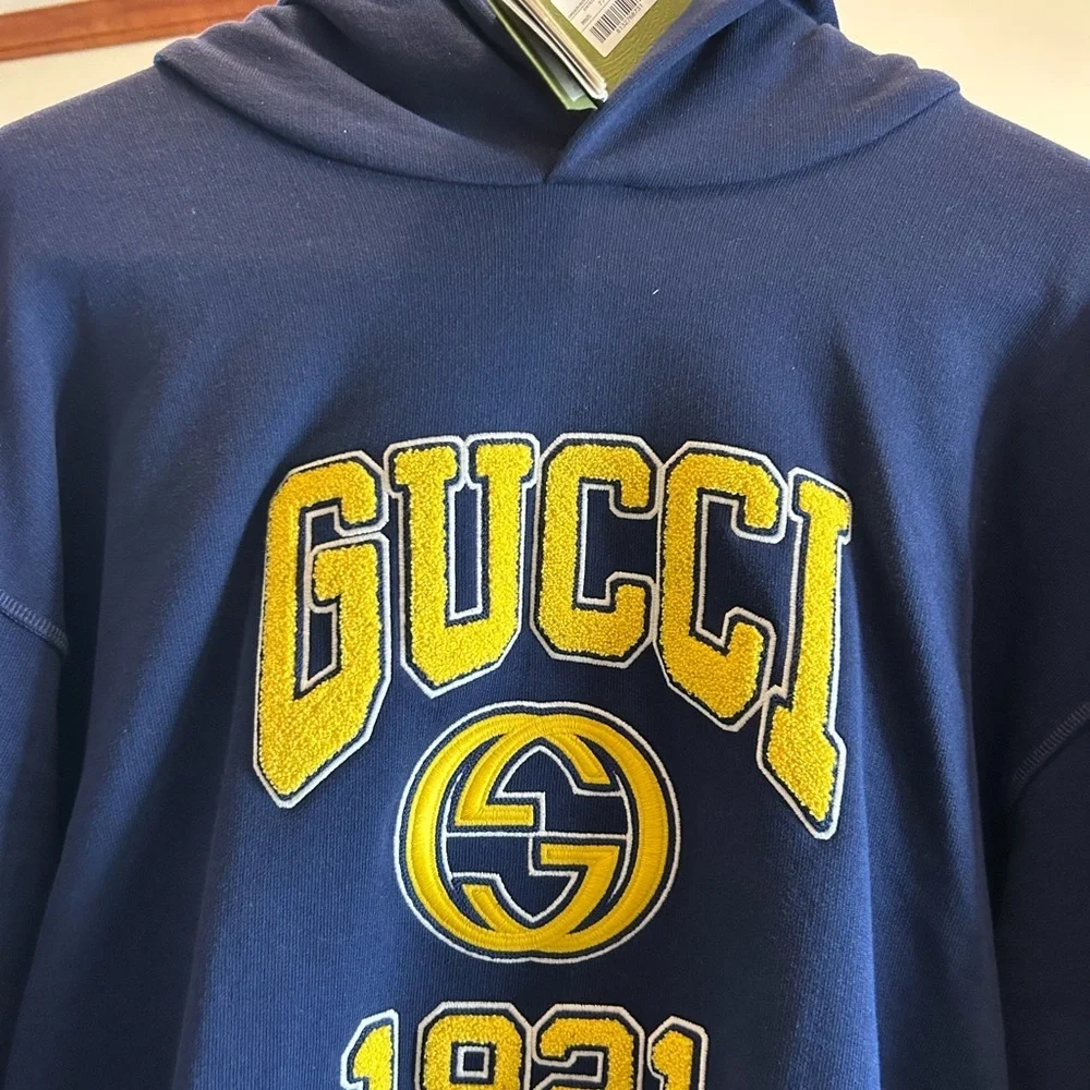 Men's Gucci cotton jersey, hooded sweatshirt with yellow logo, embroidery size L